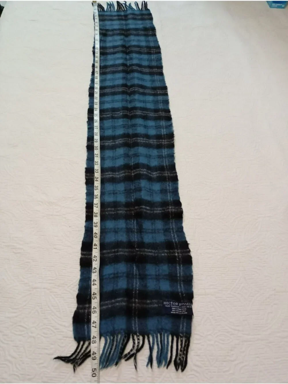Hector Russell Clan Tartan Scarf 100% Lambswool Black & Blue Plaid  Fringe Ends